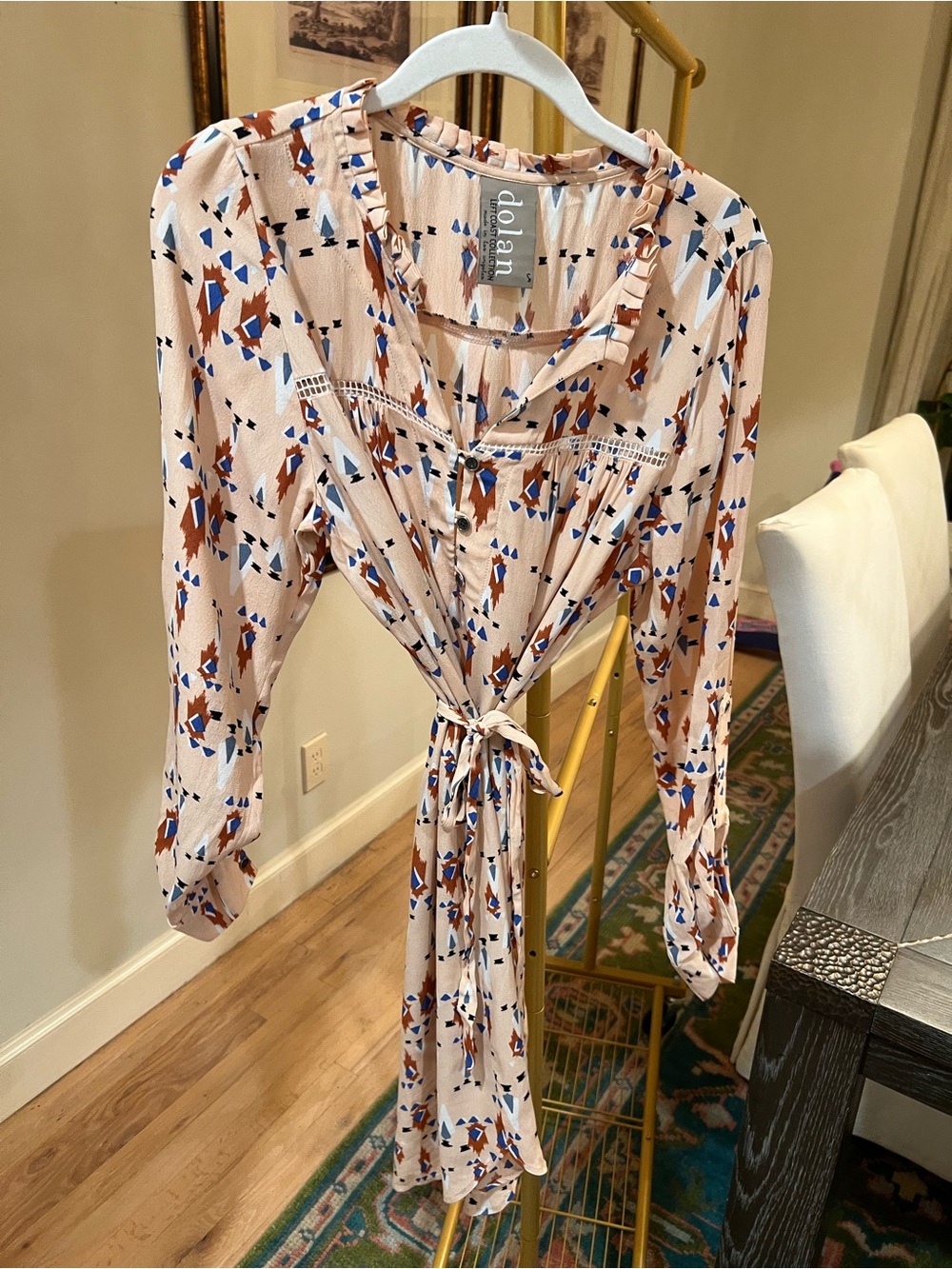 Dolan Pink/Tan Patterned Long Sleeve Tie-Waist Dress